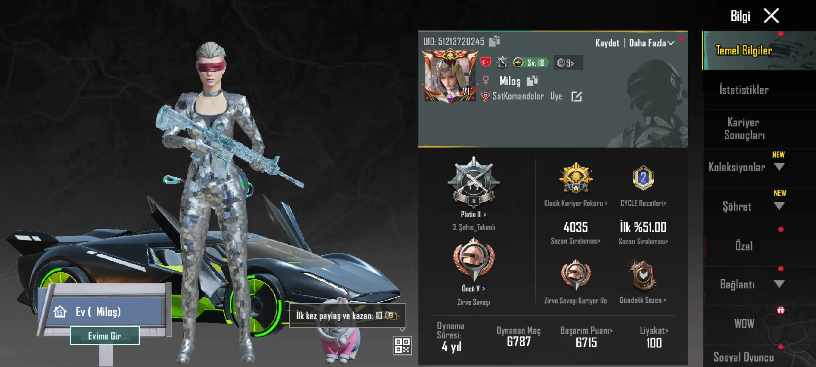 PUBG MOBİLE BUZ MAX SPOR ARABALI HESAP YAYINCI HESABI DİKENLİ KASK MUMYA BUZ